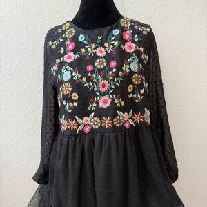 Floral Embroidered Y2K‎ babydoll Black Blouse size S